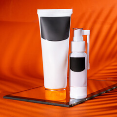 A beautiful still life composition featuring cosmetic products setting with a  background