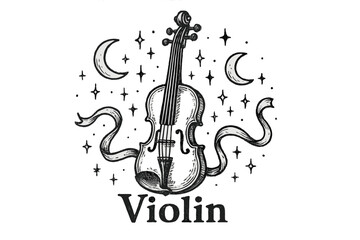 Violin and Celestial Symbols. Hand-drawn violin with moons, sparkles, and ribbons, center word “Violin” in black and white