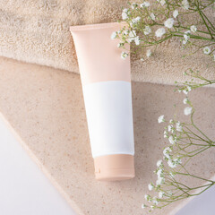 A beautiful still life composition featuring cosmetic products setting with a  background