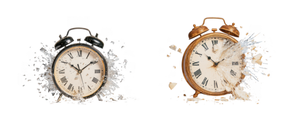 Two antique alarm clocks, one intact and one disintegrating, symbolizing the passage of time, isolated on transparent background