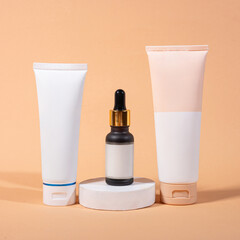 A beautiful still life composition featuring cosmetic products setting with a  background