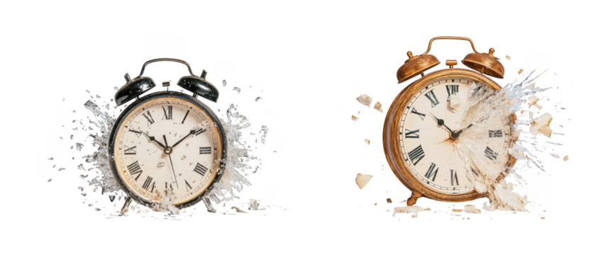 Two antique alarm clocks, one intact and one disintegrating, symbolizing the passage of time, isolated on transparent background