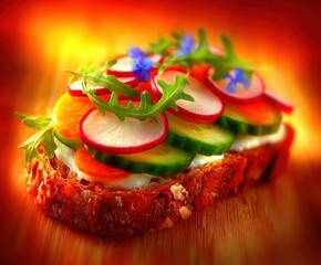 Vegetarian toast with sliced radish cucumber and edible flowers on warm blurred background Concept of healthy plant-based eating and food aesthetics