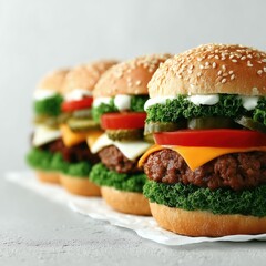 Three cheeseburgers with lettuce and spinach on sesame buns on neutral background Concept of fast food advertising and taste appeal