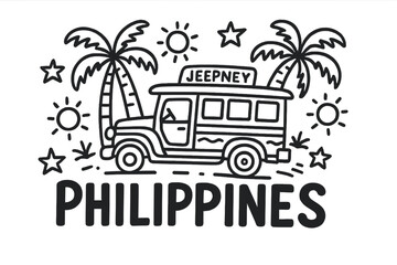 Jeepney Doodle Delight. Doodle filipino jeepney with palm trees, suns, and stars, center word “Philippines” in black and white