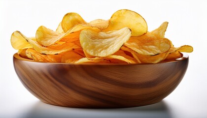 close up of a wooden bowl brimming with potato chips isolated on a white background