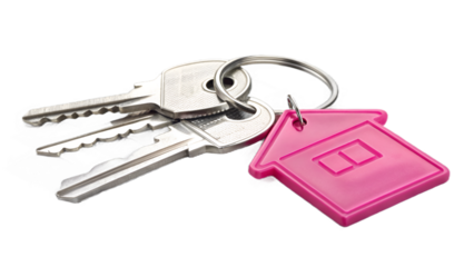 Key with tag. House keys Pink isolated on a transparent background. Real estate concept. PNG