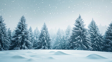 Serene Winter Forest Panorama with Falling Snow and Snow-Covered Evergreen Trees