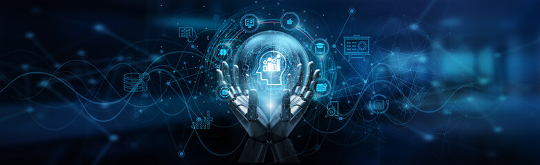 Hand of robot holding business intelligence analytics driving decision-making, data visualization, predictive modeling, and actionable insights for smarter enterprise performance.