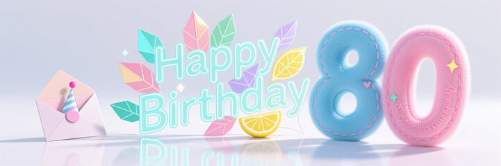 Pastel-colored illustration with Happy Birthday in neon letters, surrounded by leaves and lemon, with a pink and blue 80 and a party hat in an envelope on a shiny surface.