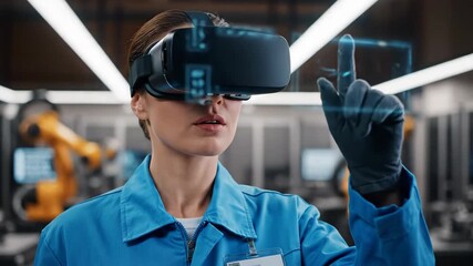Woman in blue uniform wearing a virtual reality headset interacting with digital interface. Industrial metaverse simulation for factory automation footage. - Powered by Adobe
