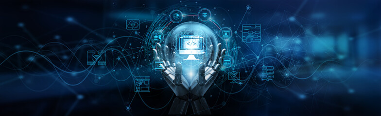 Hand of robot holding web development framework responsive design, digital architecture, backend integration, and interactive experiences driving innovation and online business growth.