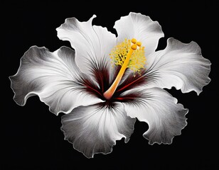 single white hibiscus flower with yellow center on black isolated on a white background
