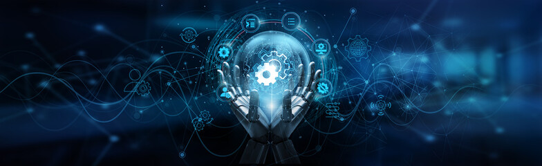 Hand of robot holding settings interface controlling system configurations, digital preferences, operational functions, user optimization, and automated adjustments across smart connected devices.