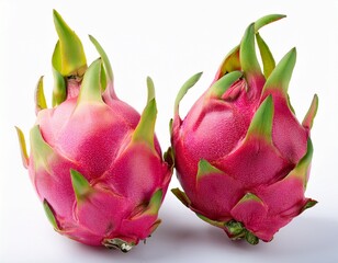 two pink dragon fruits with green spikes pitaya tropical isolated on a white background