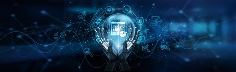 Hand of robot holding web analytics dashboards tracking metrics, data insights, performance trends, and user engagement through AI-powered predictive and automated analysis systems.
