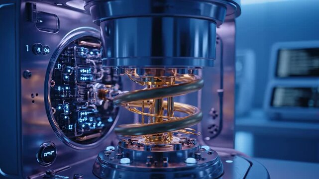 Quantum computer processing data with glowing helix and futuristic screen display in a technology lab footage