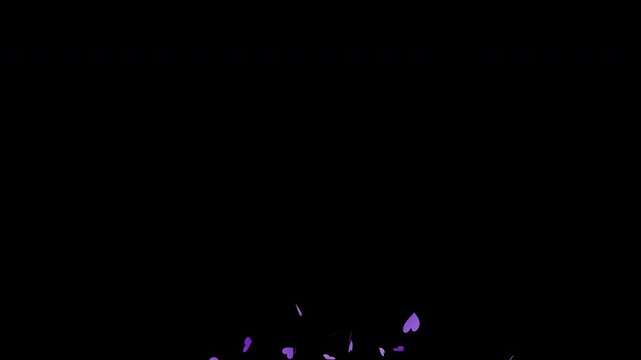 A vibrant burst of cute pink, blue, orange, and purple hearts explodes like fireworks and gently falls down on a transparent PNG background for romantic animations and overlays