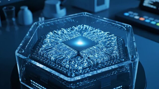 Spinning quantum computer processor with glowing central core against a blurred lab background, representing future technology footage.
