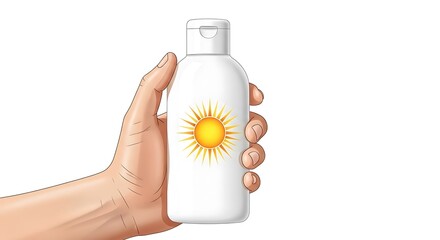 A hand holds up a white, generic bottle of sunscreen or sun protection lotion, featuring a bright, stylized sun emblem on its front.