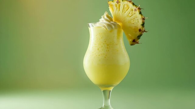 A glass of yellow liquid with a pineapple slice on top. The glass is half full