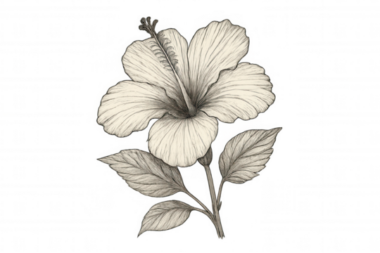 Hibiscus flower botanical drawing, vintage sketch illustration on a transparent background, depicting a tropical bloom