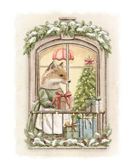 Vintage cartoon cute Christmas composition with animal fox girl in clothes dress holds gift present box viewed window frame isolated on white background. Watercolor hand drawn illustration sketch