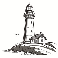 Vintage Lighthouse Illustration with Seagull and Ocean Sunset