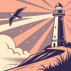 Vintage Lighthouse Illustration with Seagull and Ocean Sunset