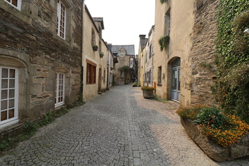 Vieille rue typique dans le village, village de Rochefort en Terre, département du Morbihan,...