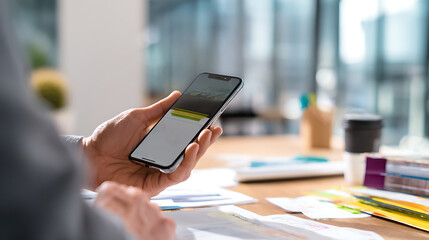 Person using smartphone to check mobile banking app. Financial planning, digital payments and online account management concept. Modern business workspace background