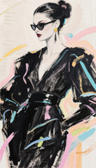 Fototapeta premium Illustration of a portrait of a woman in glasses and a black suit in the style of ink and ink painting. Vector graphics. EPS.
