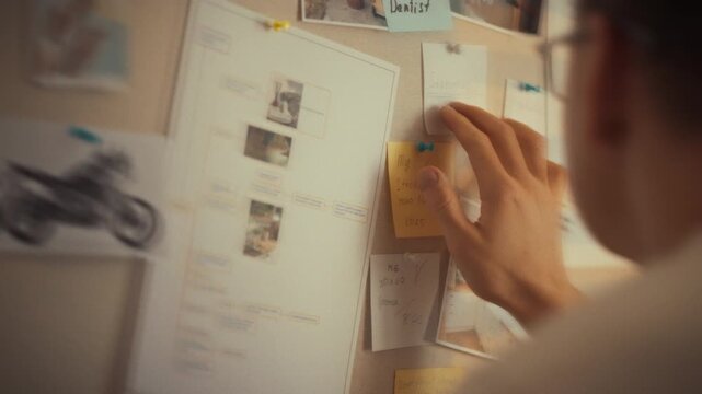 A person examines a bulletin board filled with notes and images related to dental health and motorcycle safety. This focused activity takes place in a workspace, emphasizing careful organization