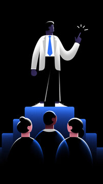 Gesch&auml;ftsmann auf B&uuml;hne mit Geste und Fingerzeig