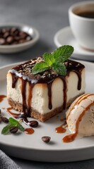 Square piece of tiramisu cake drizzled with chocolate syrup mint leaves and cream on white plate Concept of Italian dessert and elegant dining