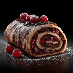 Chocolate rolled pastry with cherry filling dusted with powdered sugar on dark background Concept of homemade dessert and cozy winter sweetness