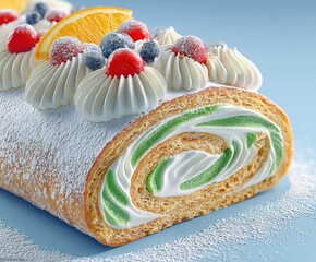 Delicate rolled sponge cake with green cream filling and whipped topping with berries and citrus slices on blue background Concept of freshness and creative pastry art