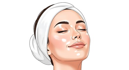 A beautifully illustrated portrait of a young woman with her eyes gently closed and a peaceful expression, showcasing radiant, dewy skin.