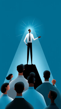 Gesch&auml;ftsmann auf B&uuml;hne mit Geste und Fingerzeig