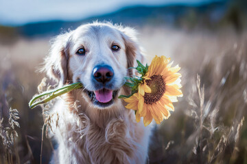 Golden retriever dog holding sunflower in mouth