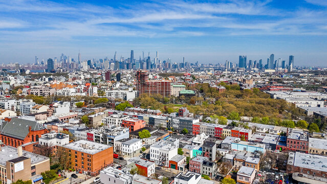 Aerial landscape of Manhattan skyline from Williamsburg Bedstuy Brooklyn in New York City NY
