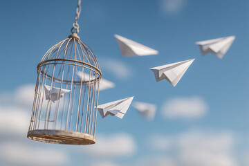 Surreal event of paper planes flying out of cage in open sky dreamlike atmosphere artistic perspective