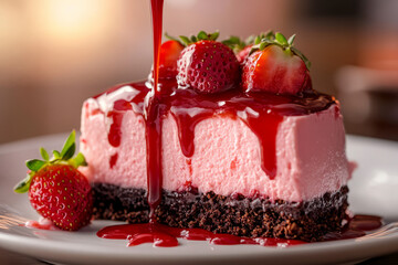 Strawberry cheesecake dessert drizzling sweet berry syrup