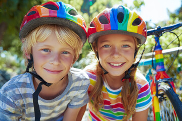 Children wearing rainbow helmets cycling outdoors smiling