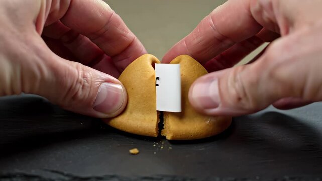Hands gently pulling apart a fortune cookie to reveal a hidden 26 off discount message inside, showcasing the excitement of discovering a surprise treat