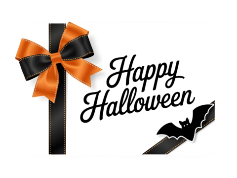 High-resolution Halloween greeting card with orange and black satin ribbon bow, elegant “Happy Halloween” text, and small decorative bat — stylish festive holiday design. - Powered by Adobe