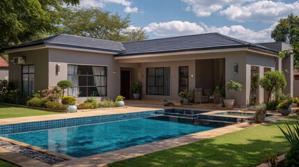 Fototapeta premium Sunny garden house with pool