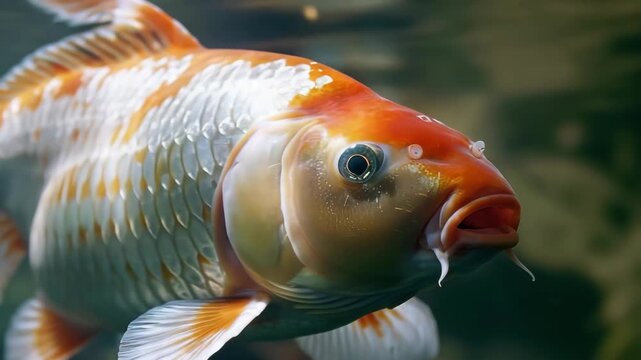 Close-up of a vibrant koi fish swimming in an aquarium with gravel bottom.