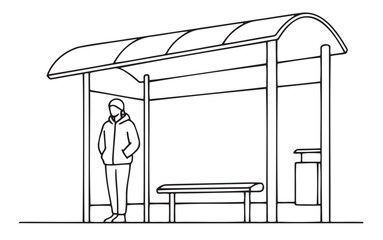 Minimalist black-and-white illustration of person standing at bus stop with bench and shelter. Perfect for urban life, public transport, and daily routine content. Ideal for websites, social media, ad