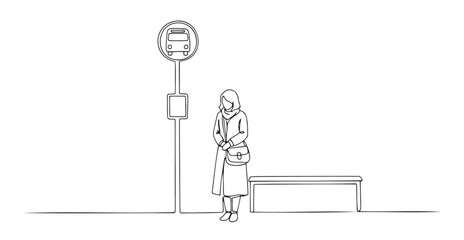 Minimalist black-and-white illustration of woman standing at bus stop with bench and ticket machine. Perfect for urban life, public transport, and daily routine content. 